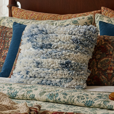 Blue & White Furry Stripe Pillow Cover- 22 X 22 inch