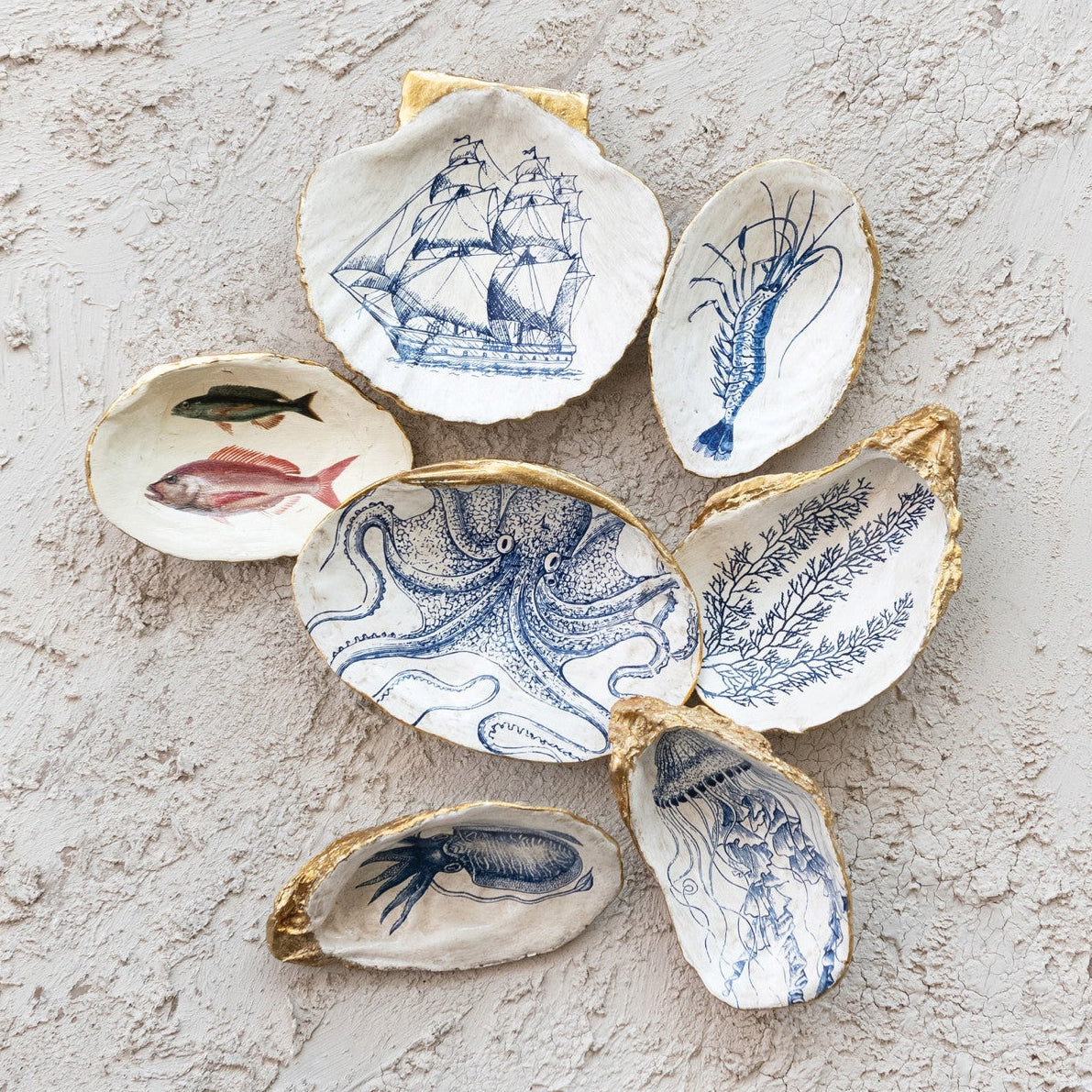 Blue & White Sea Life Shell Trinket Dish