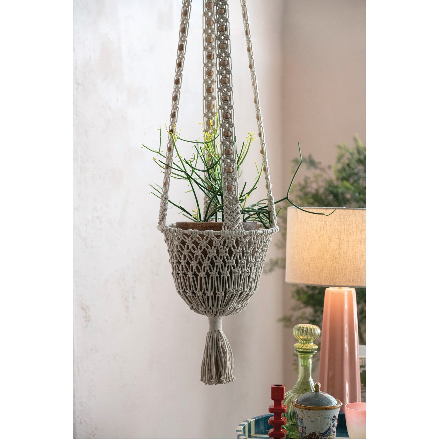 Cotton Macrame Plant Hanger with Wood Beads & Tassel