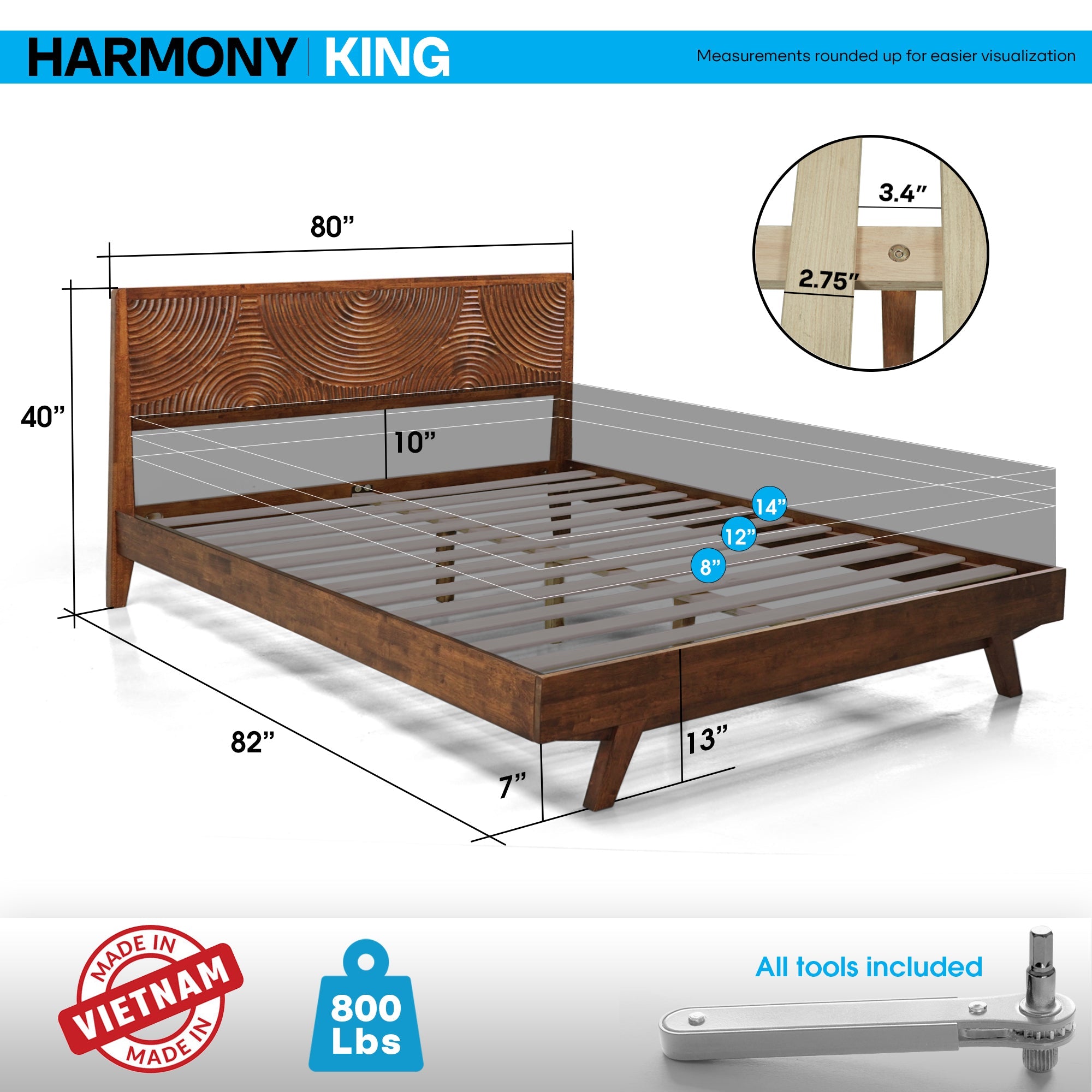 Harmony Acacia Solid Wood Platform Bed Frame in Caramel, Natural Oak, Walnut