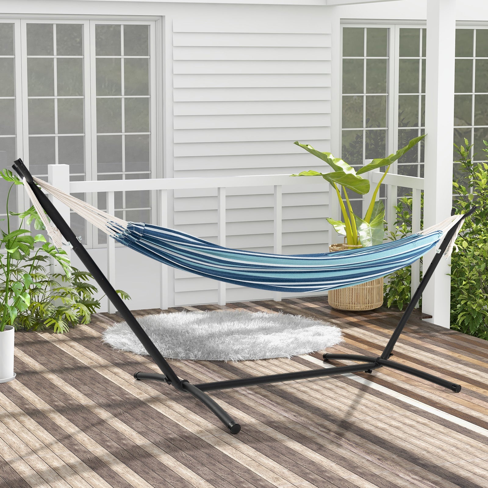 Portable 2-Person Double Hammock Set with Stand and Carrying Cases - Blue
