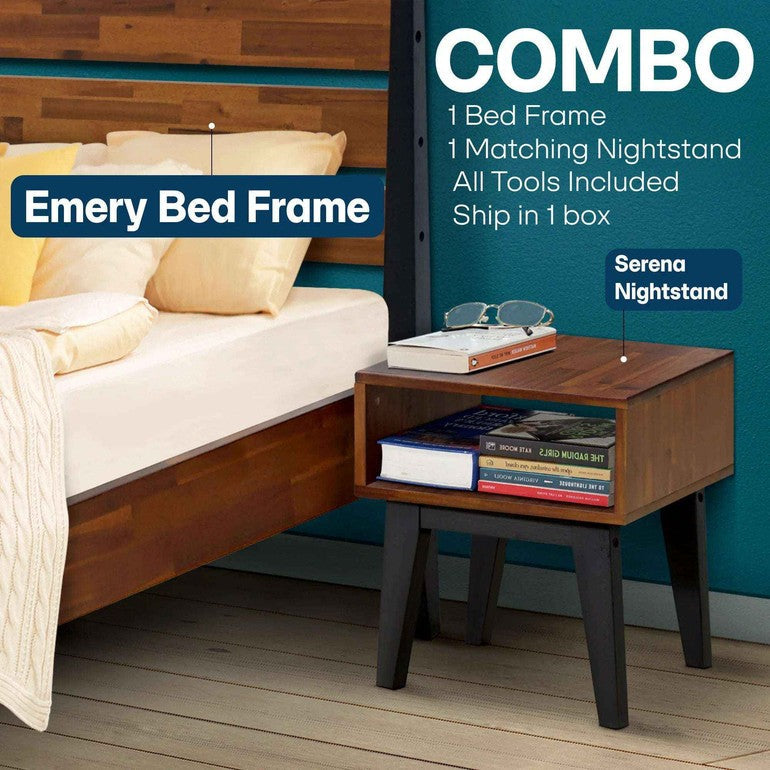 Emery Bed Frame & Nightstand Set - Acacia Solid Wood in Walnut, or Americano