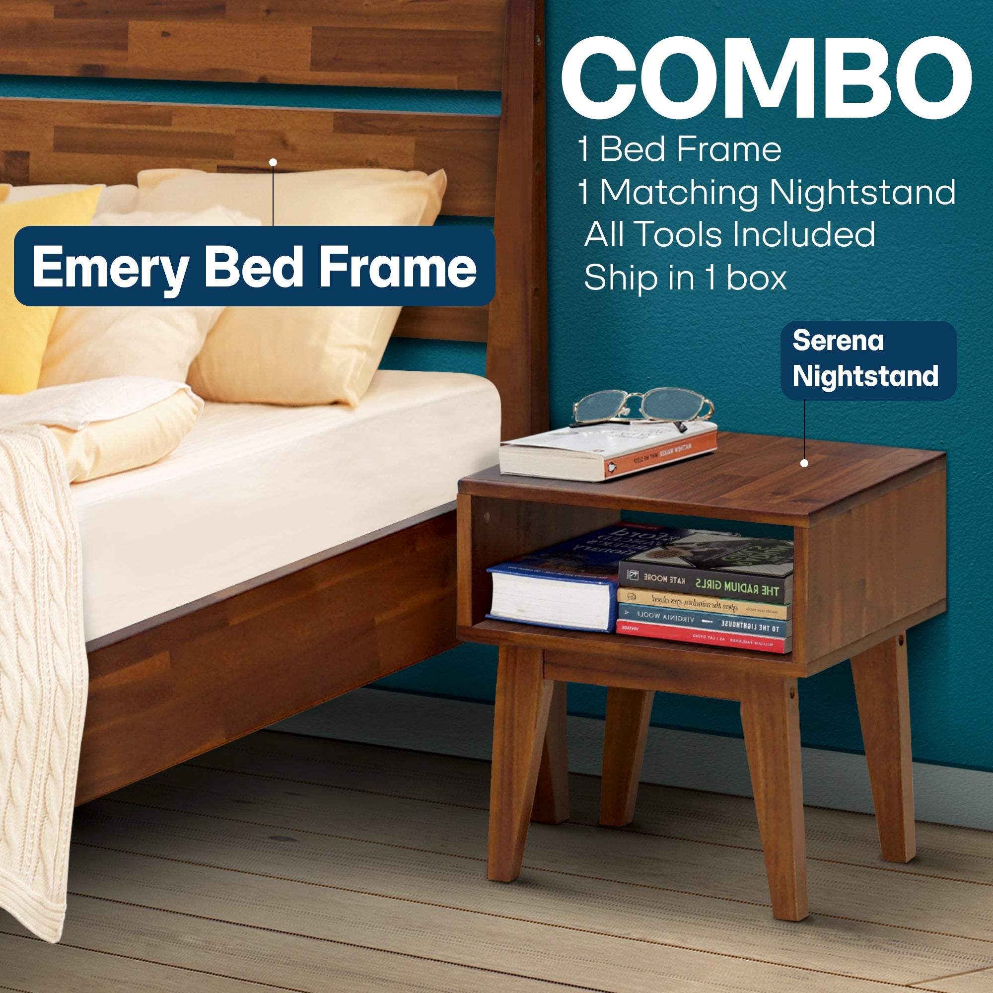 Emery Bed Frame & Nightstand Set - Acacia Solid Wood in Walnut, or Americano