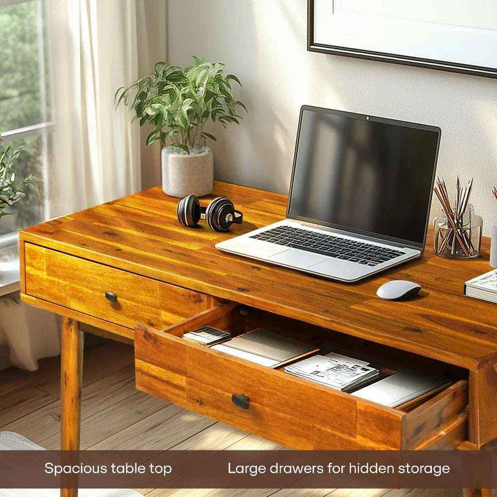 Acacia Lagom 48" Solid Wood Work Desk with Drawers In Multiple Finishes