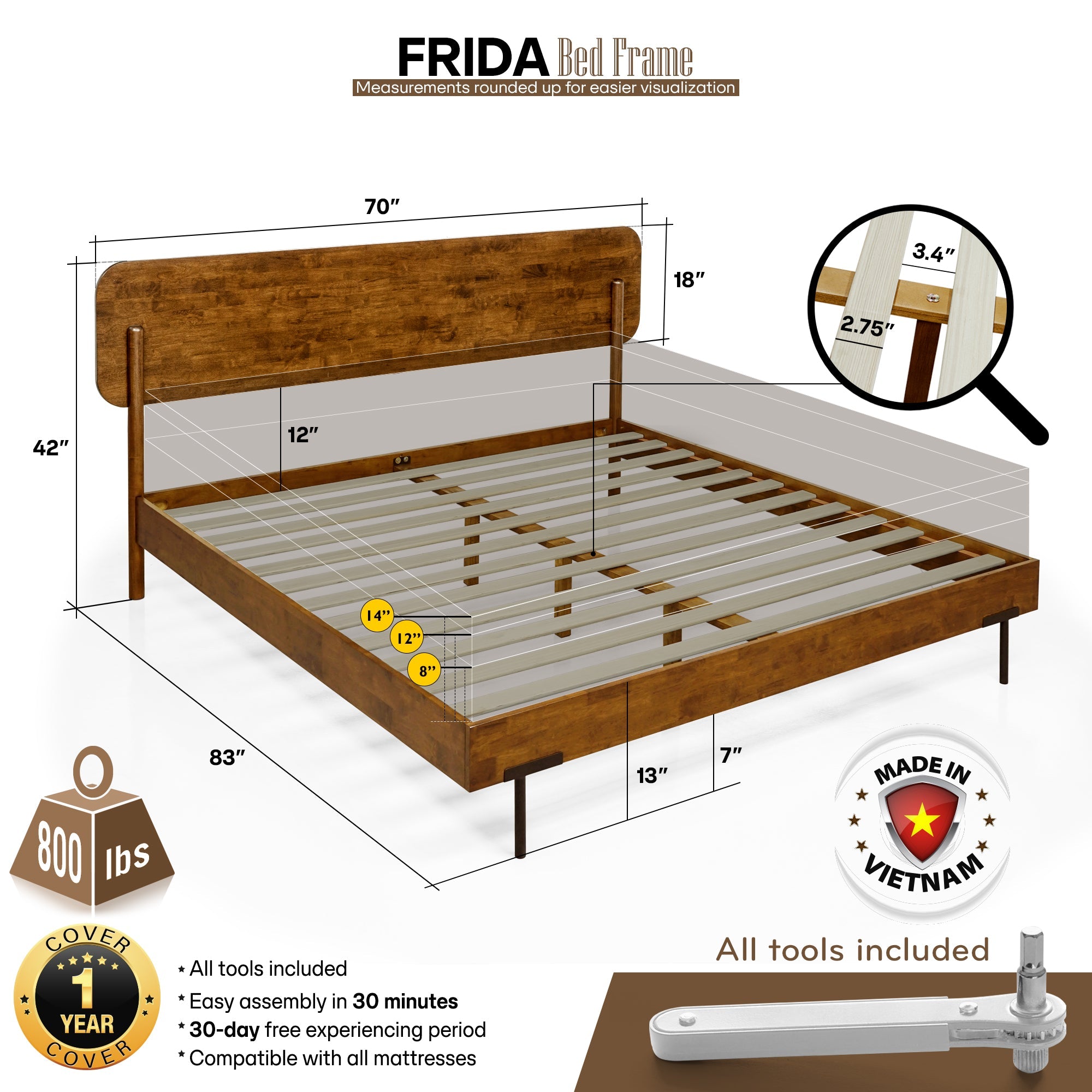 Frida Solid Wood Bed Frame in Caramel or Walnut