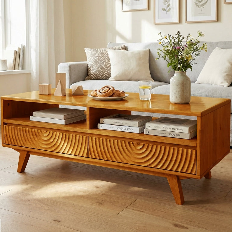 Harmony Solid Acacia Coffee Table with Drawers & Open Storage - 3 Colors