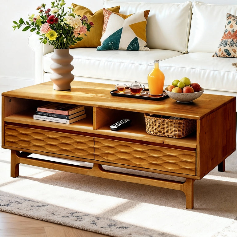 Elara 47.2” Acacia Coffee Table with Drawers & Open Storage - 3 Colors