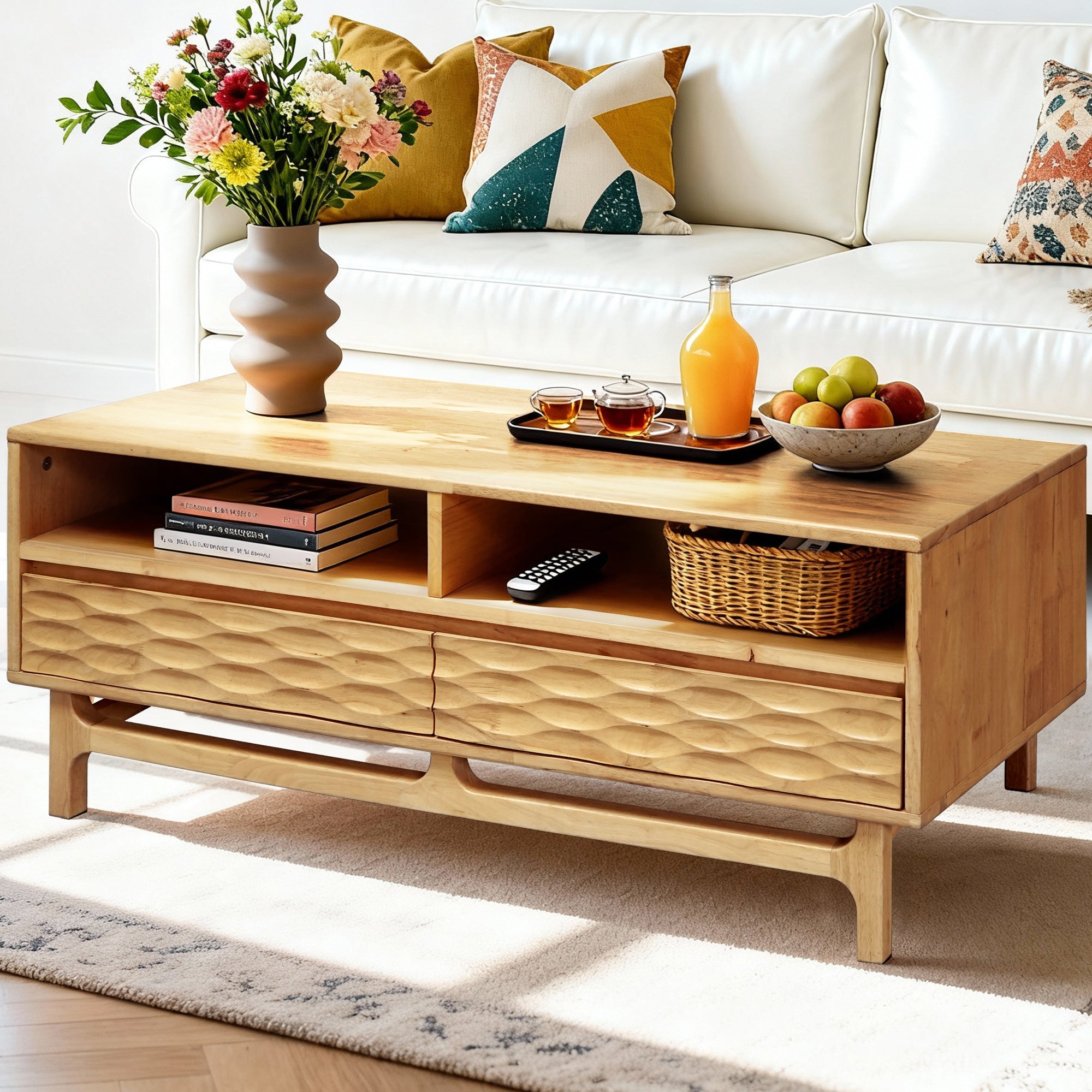 Elara 47.2” Acacia Coffee Table with Drawers & Open Storage - 3 Colors