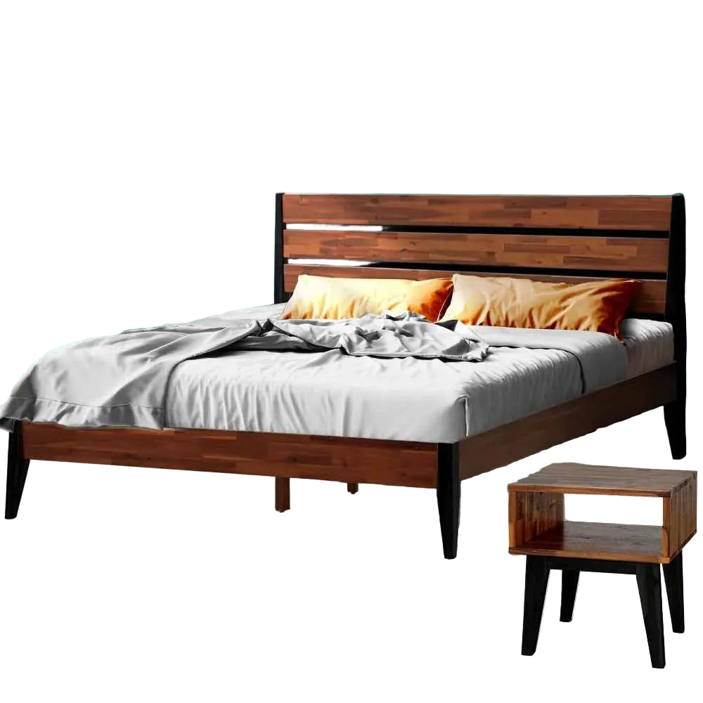 Emery Bed Frame & Nightstand Set - Acacia Solid Wood in Walnut, or Americano