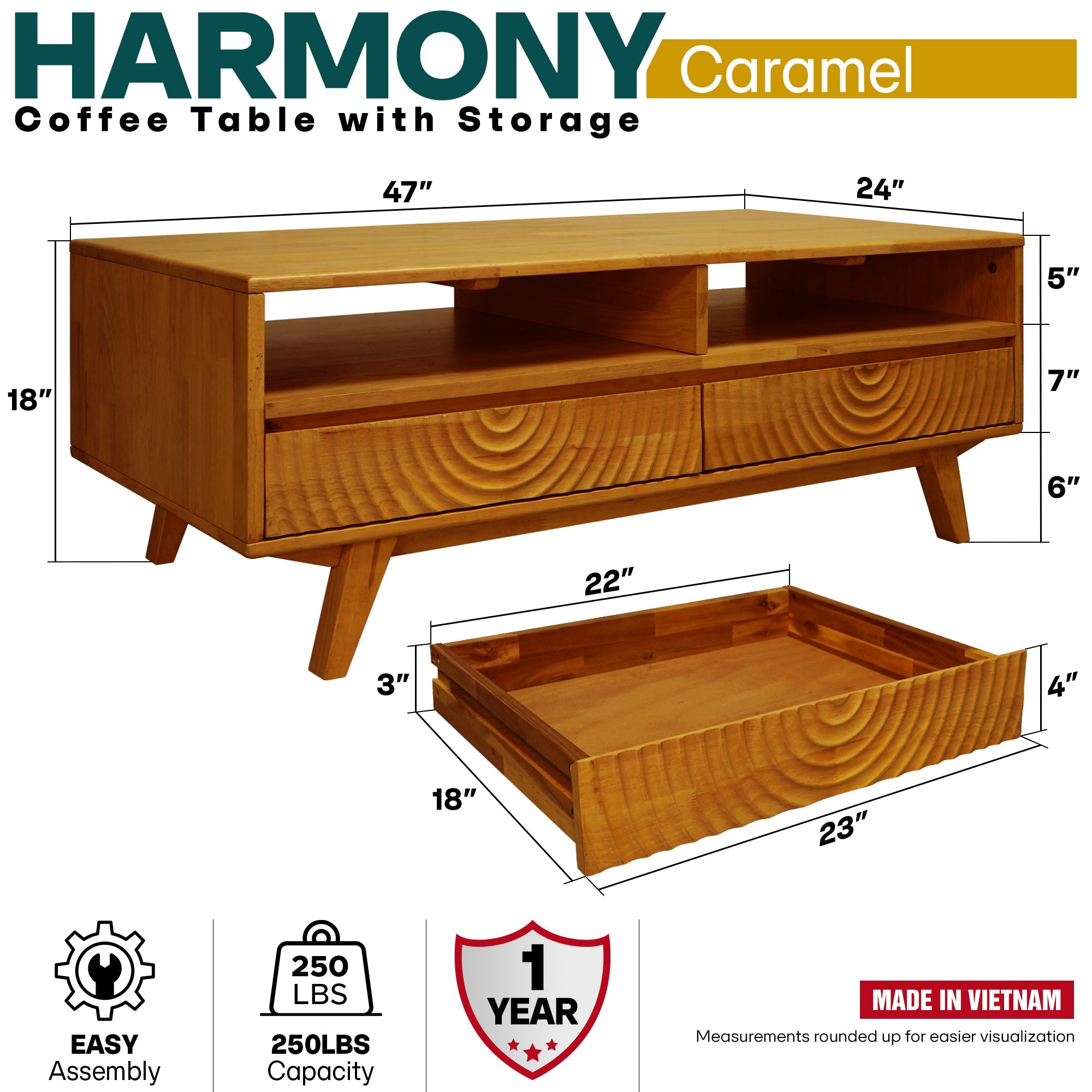 Harmony Solid Acacia Coffee Table with Drawers & Open Storage - 3 Colors