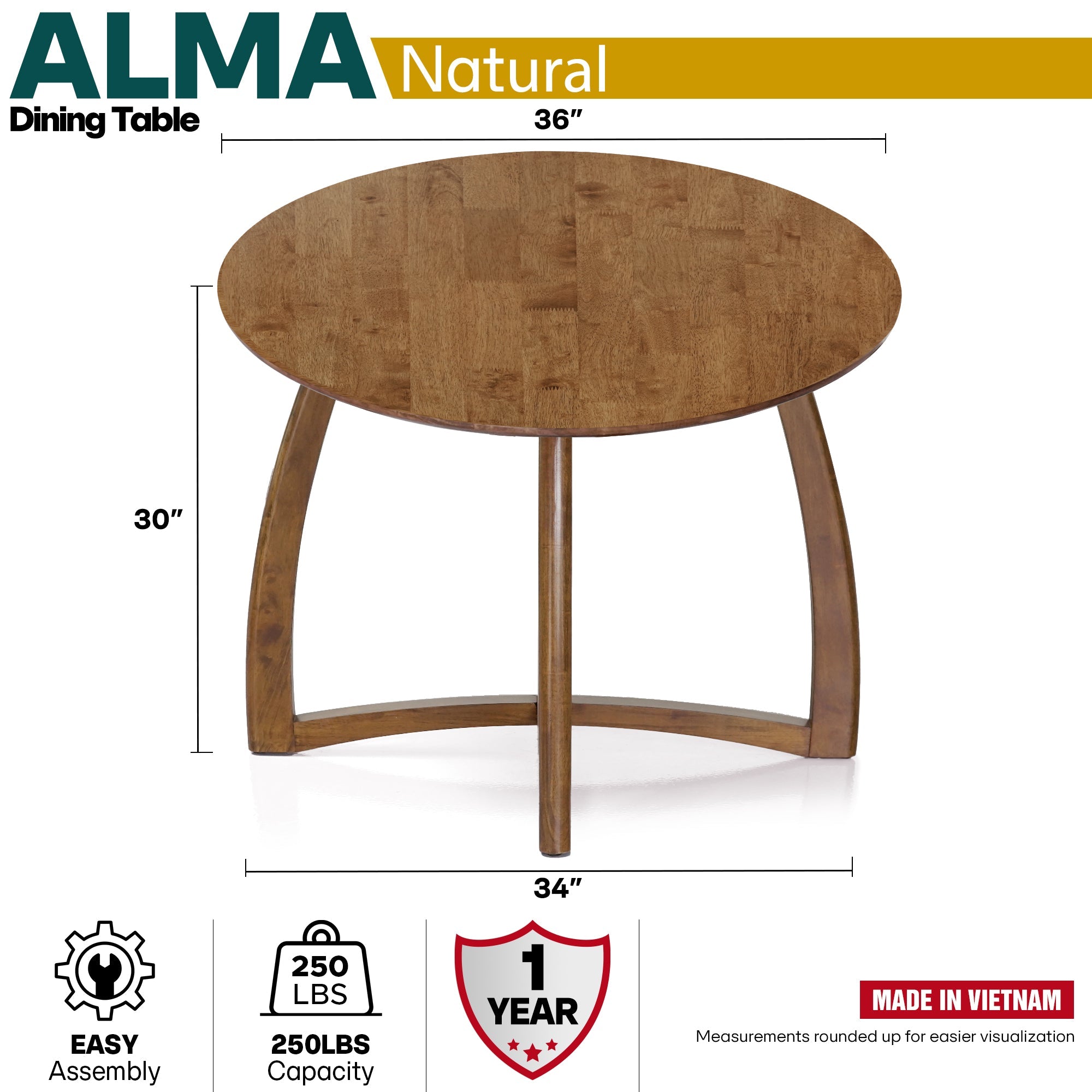 Alma 36 Inch Round Dining Table in Natural or Walnut Finish