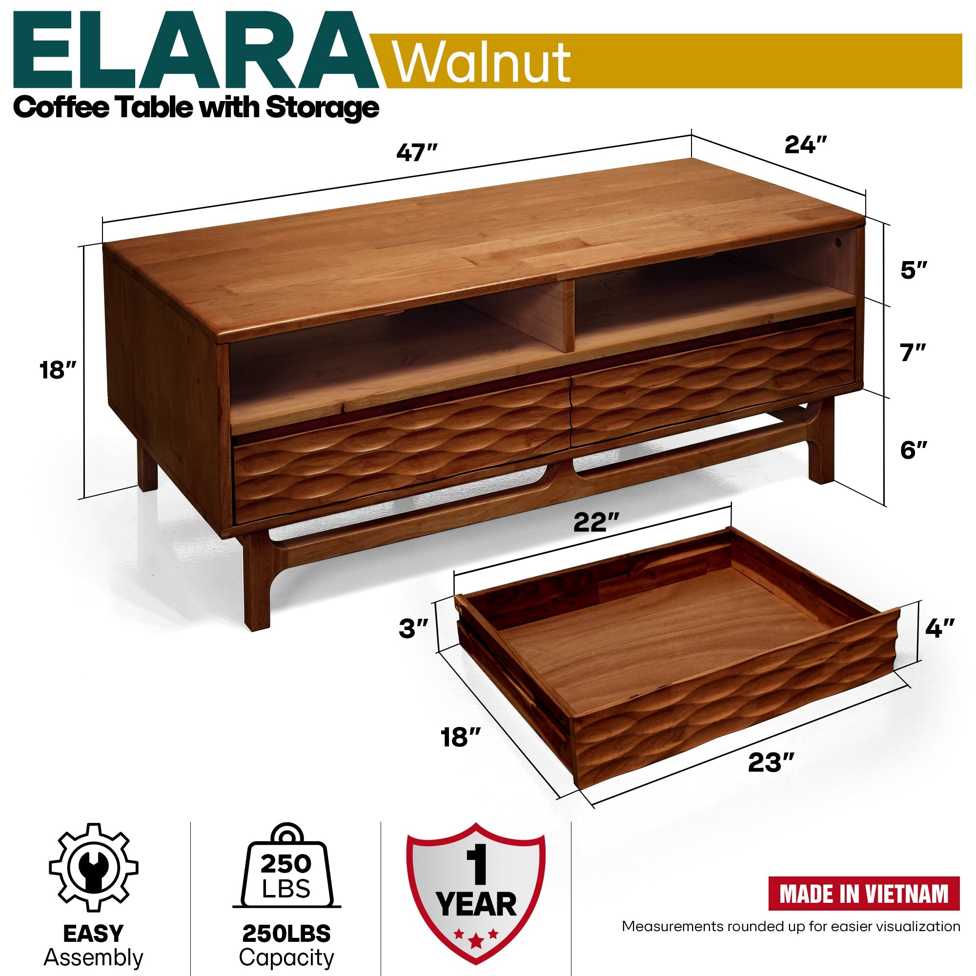 Elara 47.2” Acacia Coffee Table with Drawers & Open Storage - 3 Colors