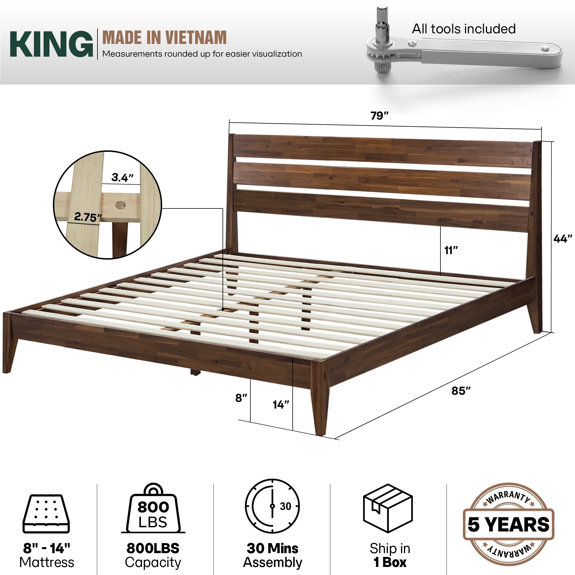 Emery Solid Acacia Wood Bed Frame - Multiple Finishes