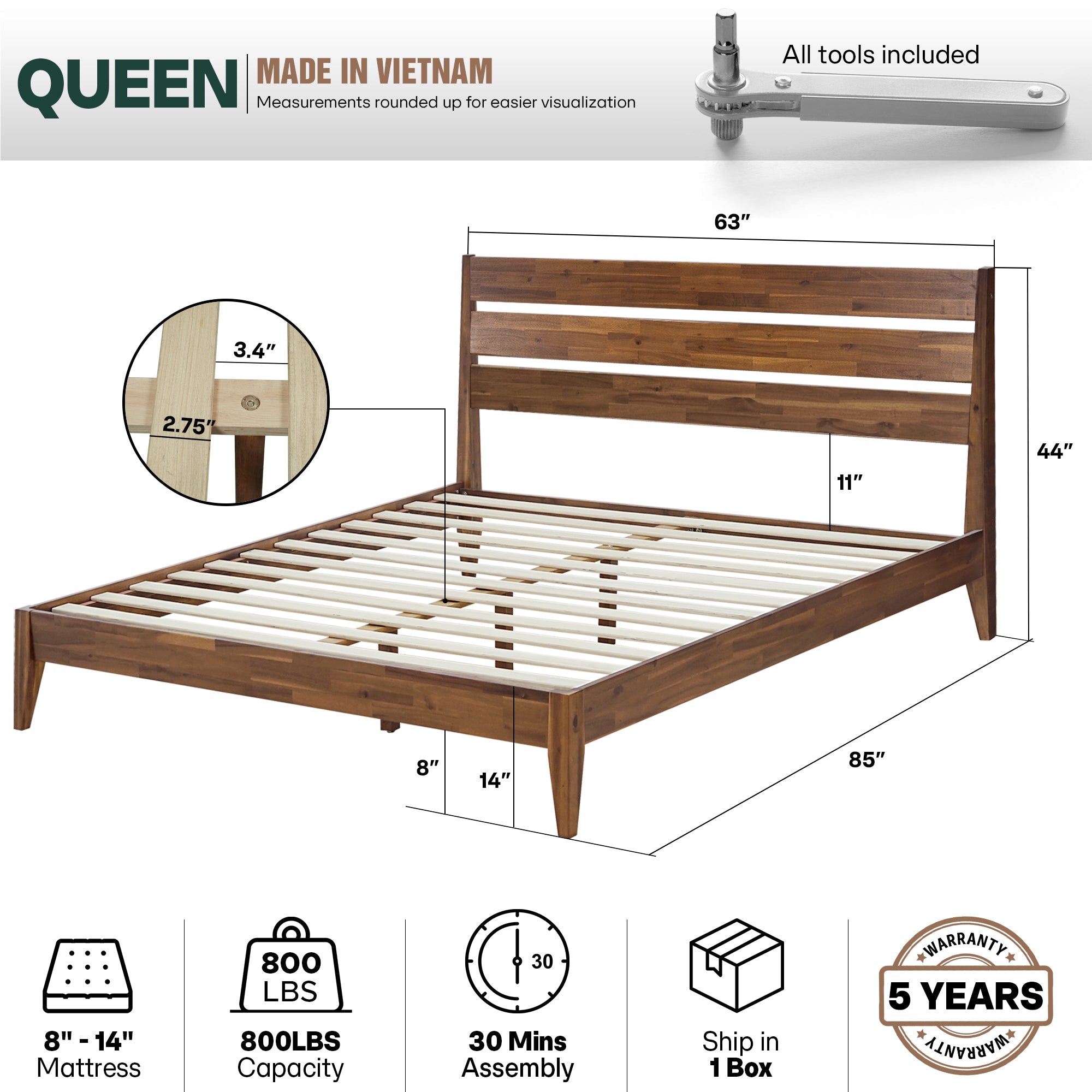 Emery Solid Acacia Wood Bed Frame - Multiple Finishes