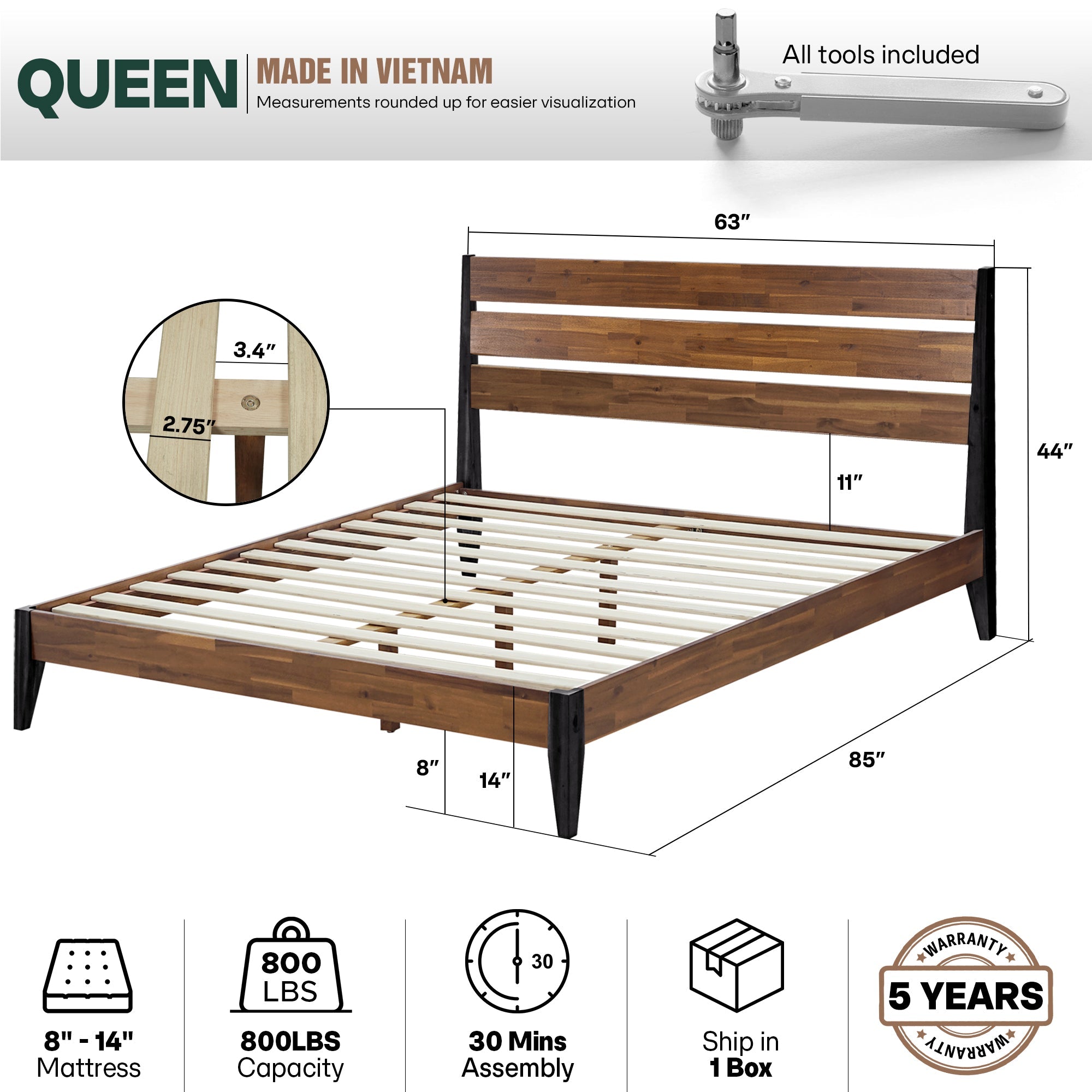 Emery Solid Acacia Wood Bed Frame - Multiple Finishes