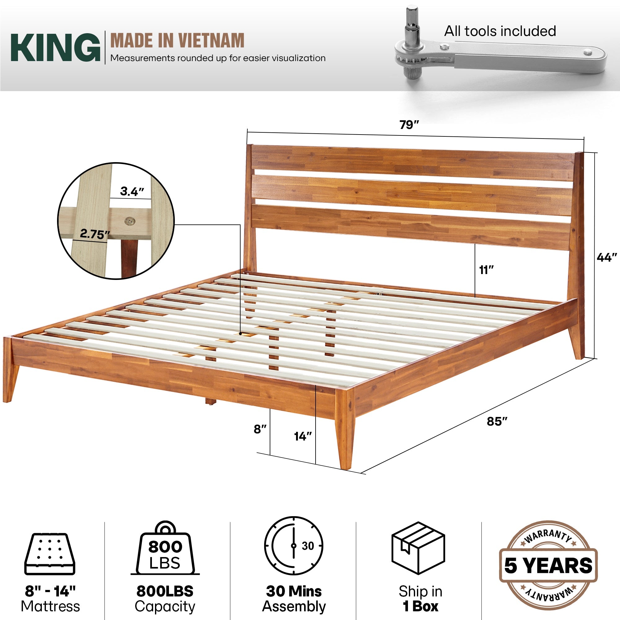 Emery Solid Acacia Wood Bed Frame - Multiple Finishes