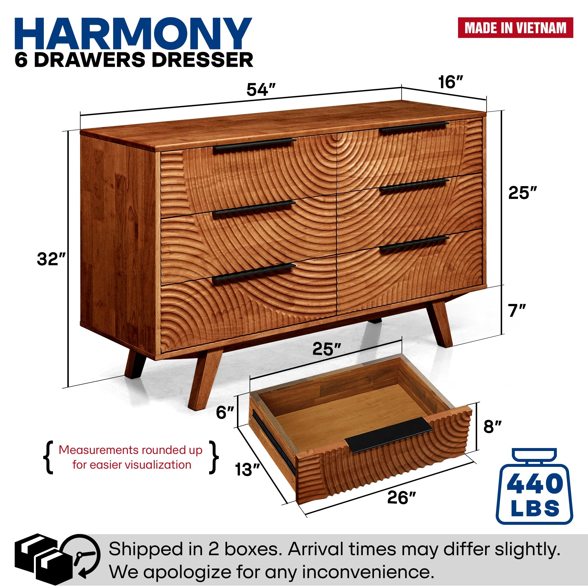 Harmony Solid Wood Dresser in Caramel or Walnut
