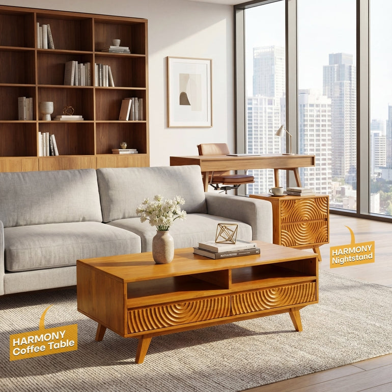 Harmony Solid Acacia Coffee Table with Drawers & Open Storage - 3 Colors
