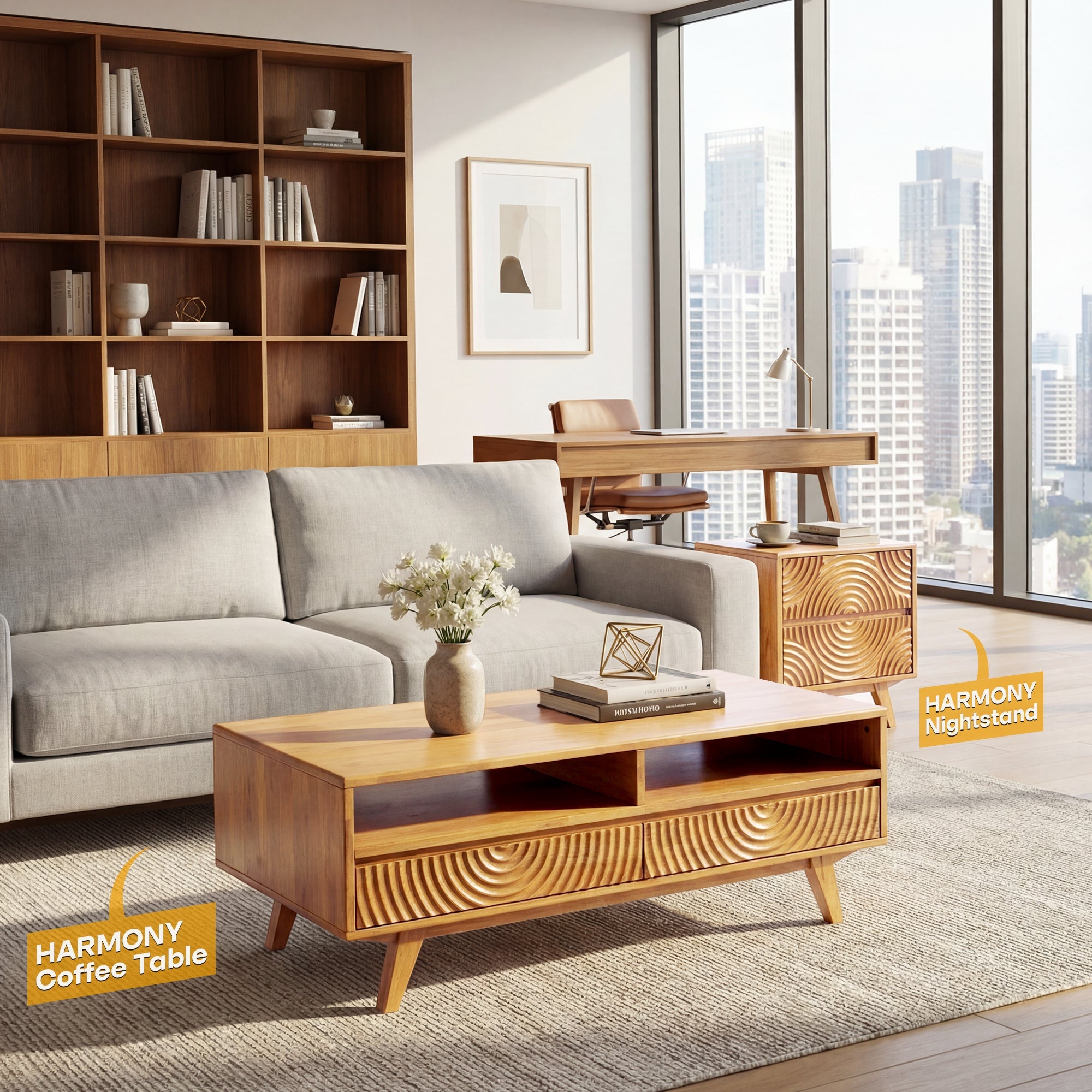 Harmony Solid Acacia Coffee Table with Drawers & Open Storage - 3 Colors