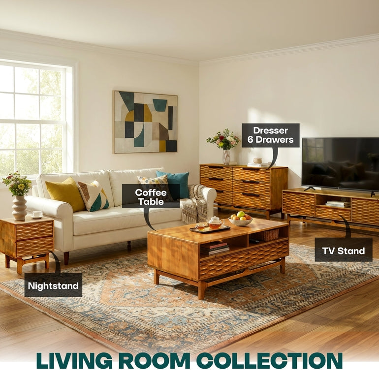 Elara 47.2” Acacia Coffee Table with Drawers & Open Storage - 3 Colors