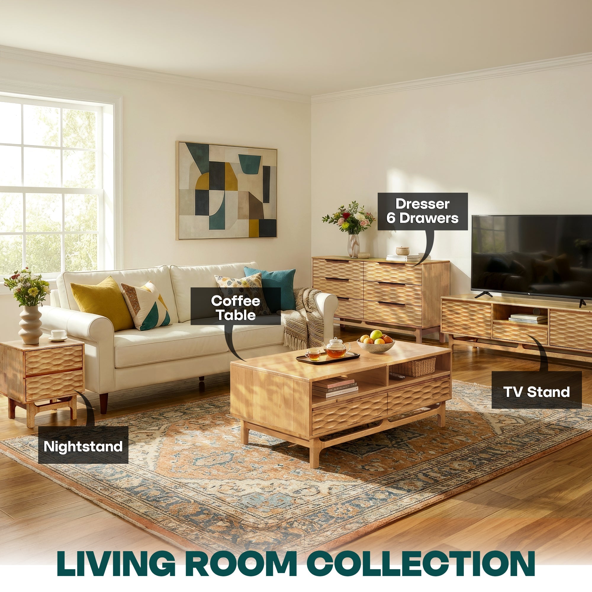 Elara 47.2” Acacia Coffee Table with Drawers & Open Storage - 3 Colors