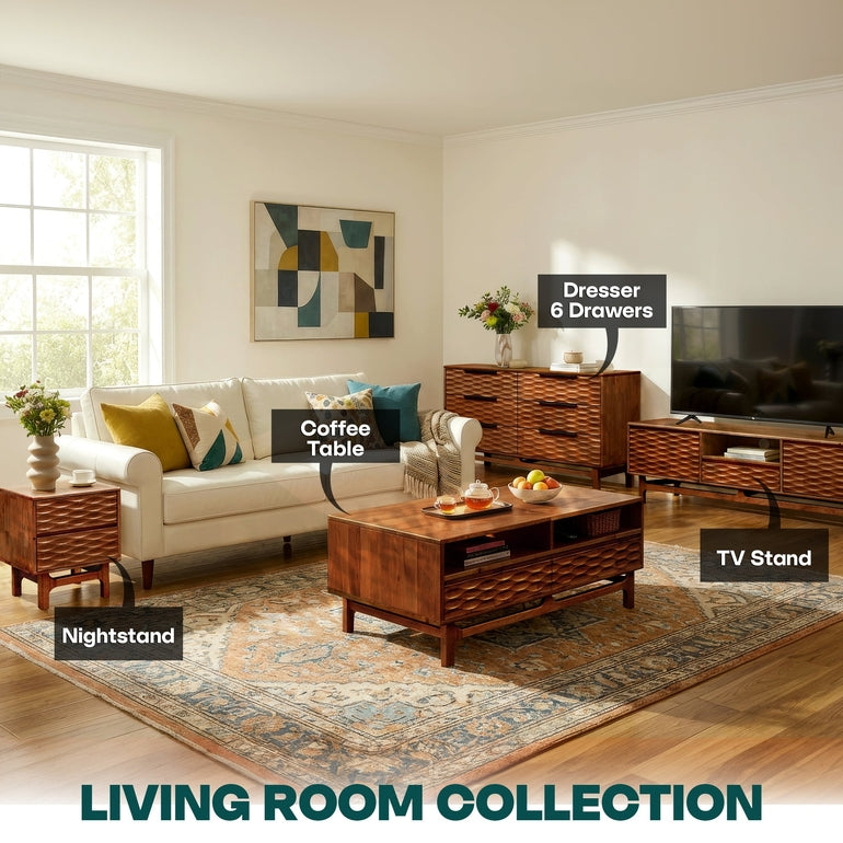 Elara 47.2” Acacia Coffee Table with Drawers & Open Storage - 3 Colors