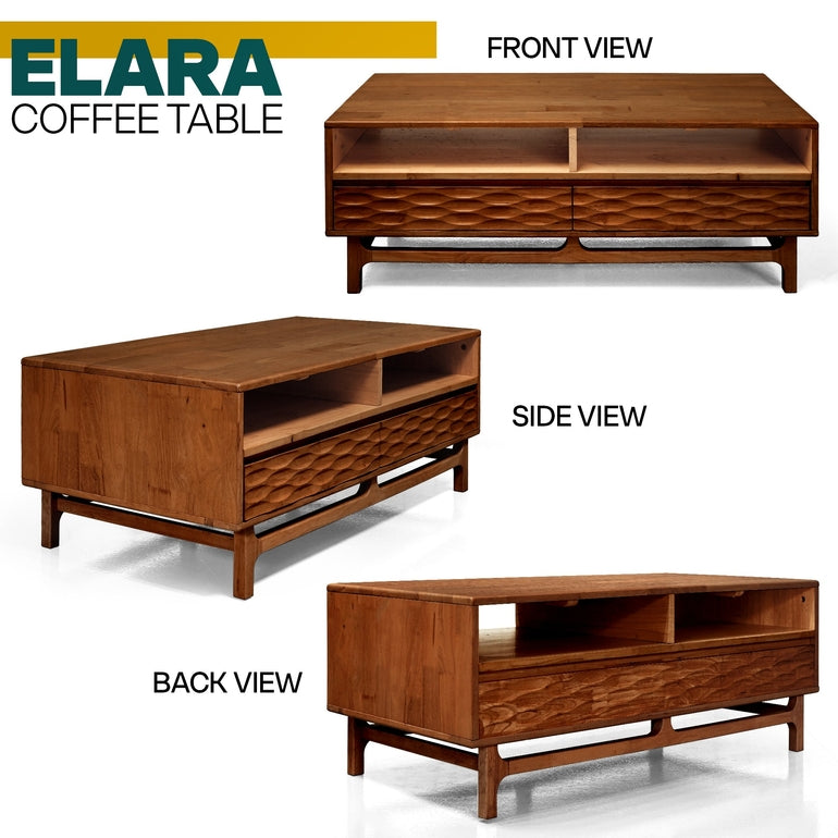 Elara 47.2” Acacia Coffee Table with Drawers & Open Storage - 3 Colors
