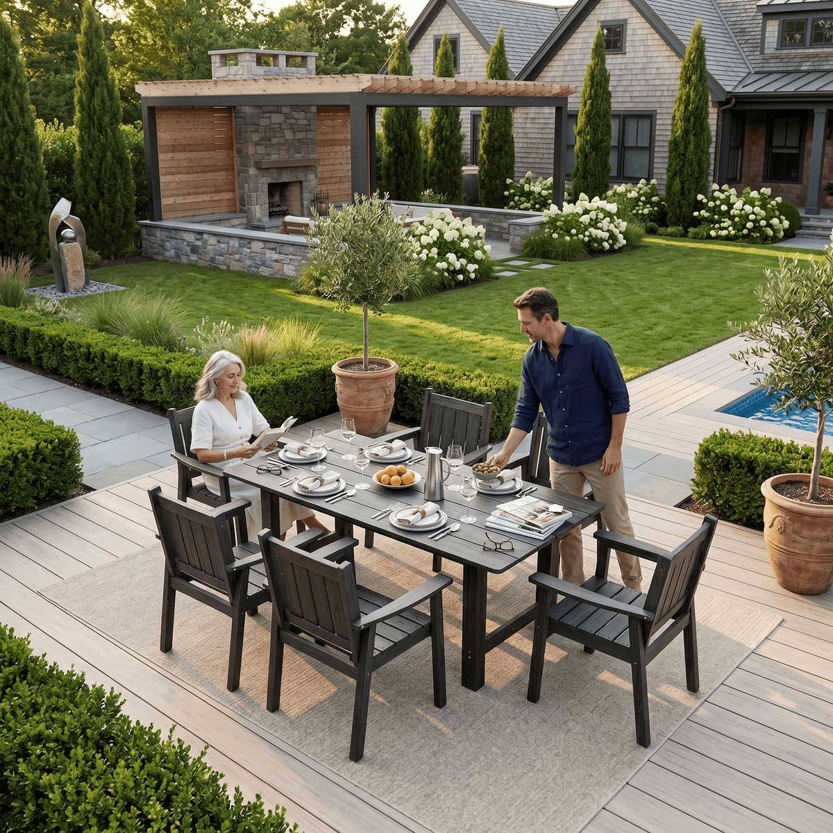 7-Piece HDPE Outdoor Dining Table and Chairs with Umbrella Hole - Multiple Sizes, 2 Colors