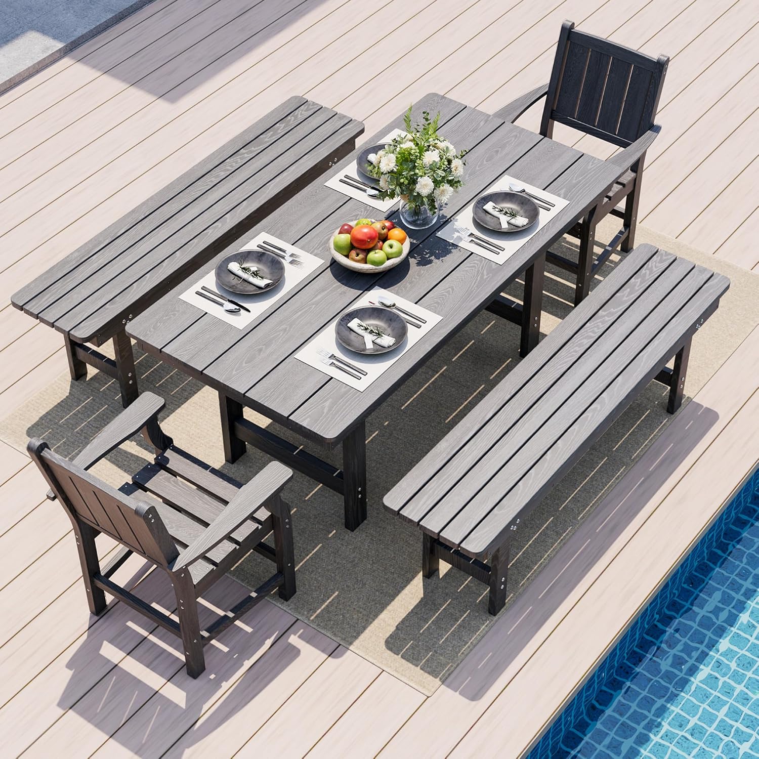 7-Piece HDPE Outdoor Dining Table and Chairs with Umbrella Hole - Multiple Sizes, 2 Colors
