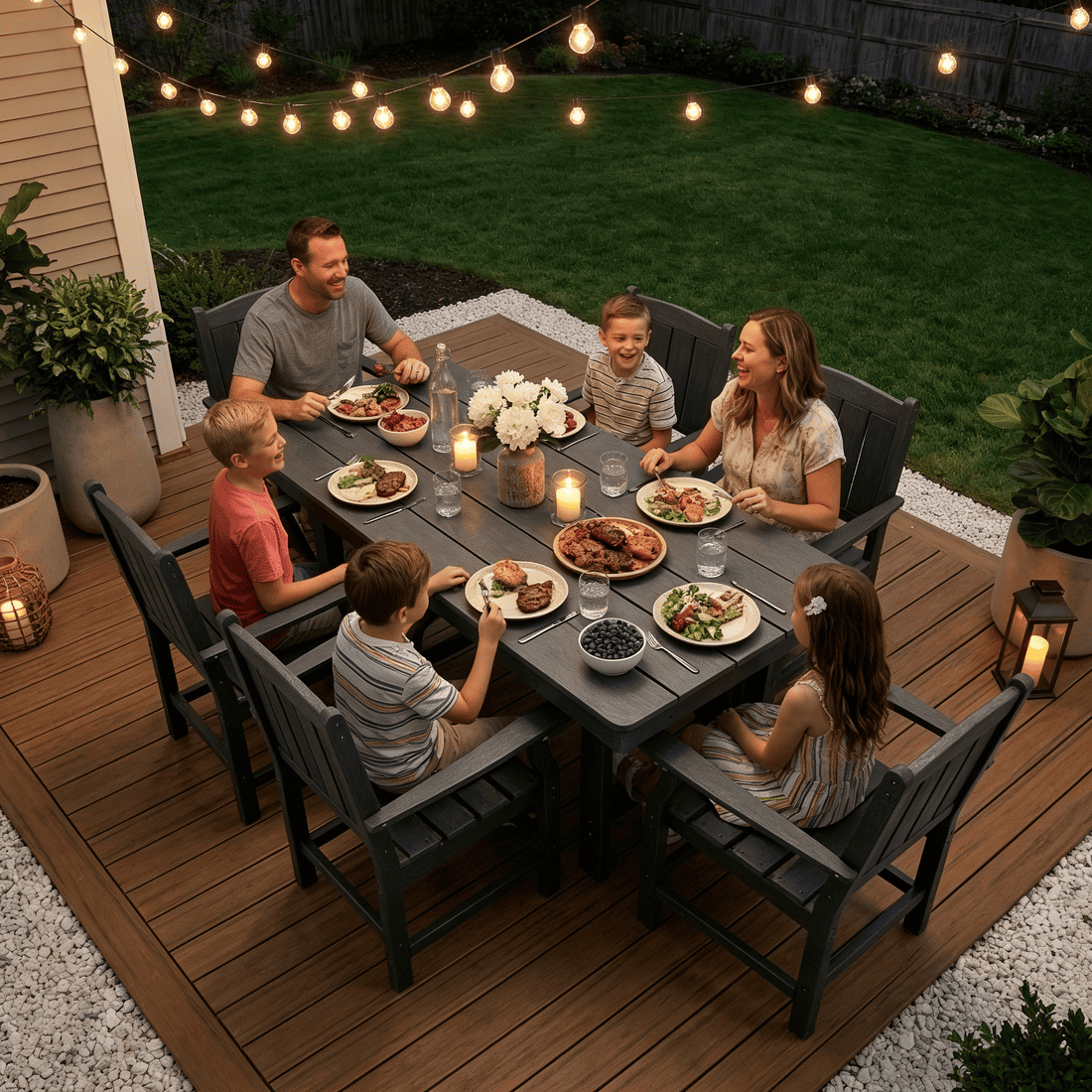 7-Piece HDPE Outdoor Dining Table and Chairs with Umbrella Hole - Multiple Sizes, 2 Colors