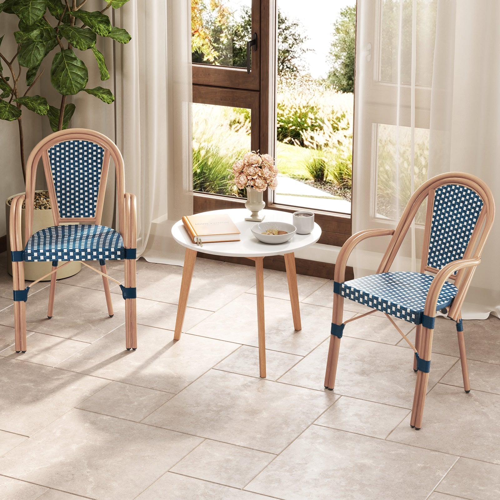 Hand-Woven French Bistro Style Outdoor Dining Chairs - Set of 2 in Blue or Black