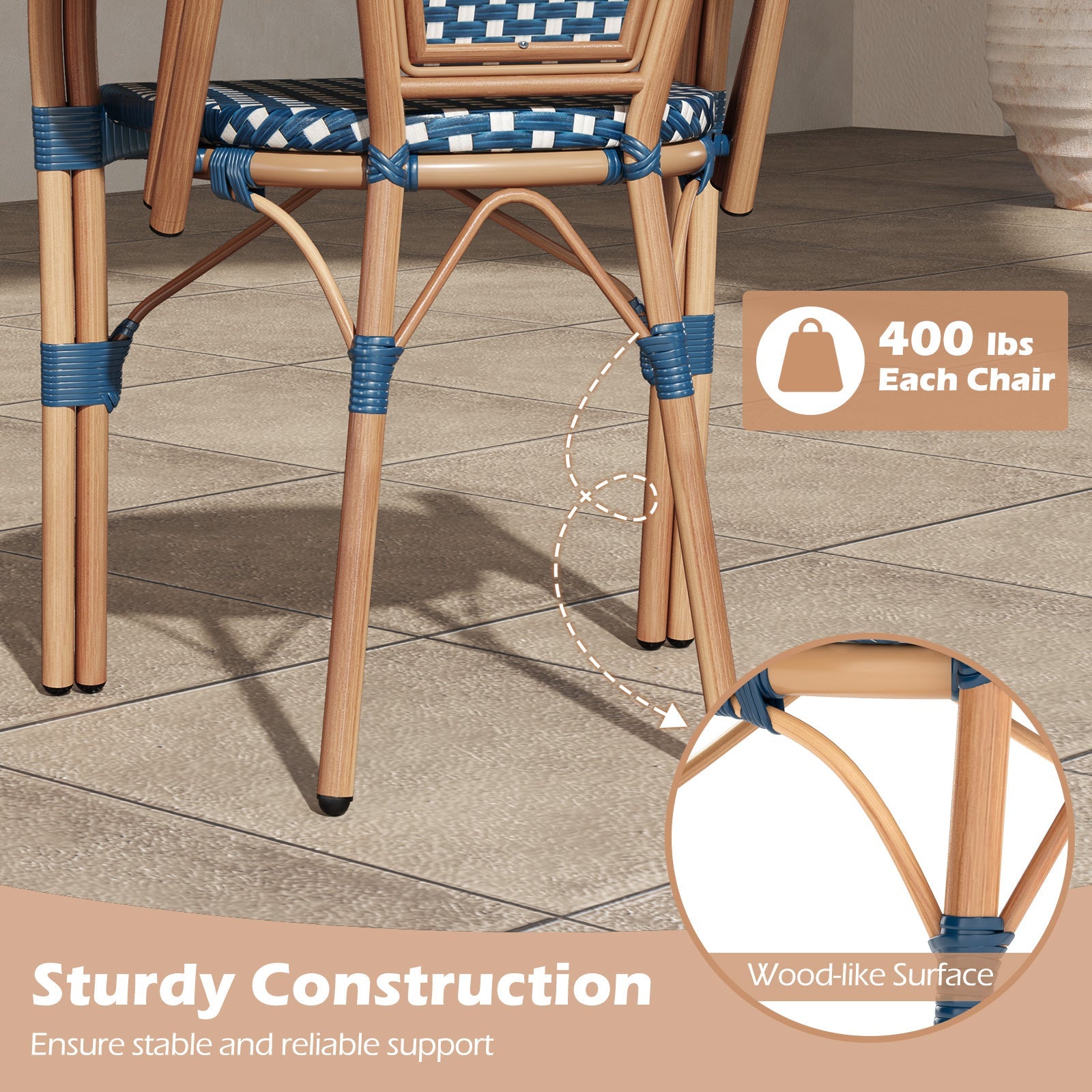 Hand-Woven French Bistro Style Outdoor Dining Chairs - Set of 2 in Blue or Black