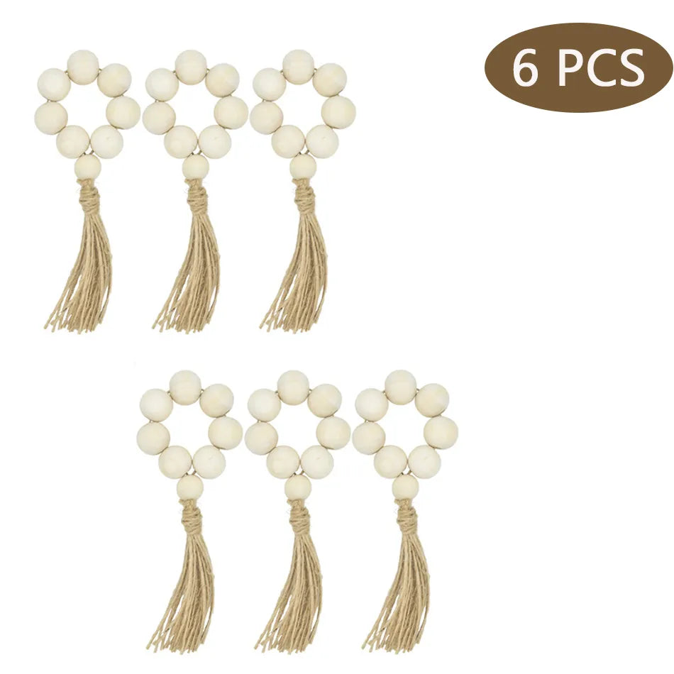 Natural Wood Bead Napkin Rings With Tassels - 6 Pc Set