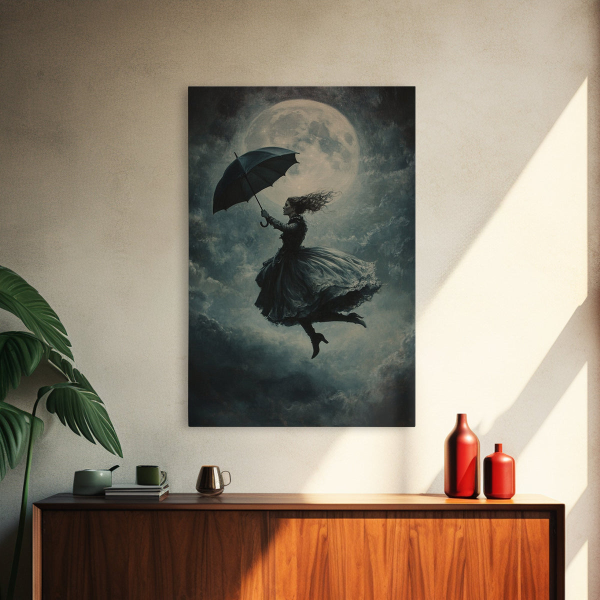 The Witch and her Umbrella Framed Canvas