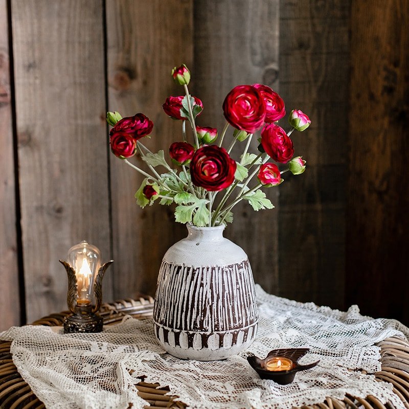 Faux Silk Artificial Buttercup Flower Bundle in Red Burgundy - 21"
