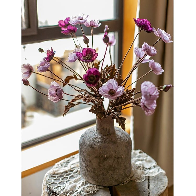 Faux Silk Rustic Poppy Flower Stem in Purple - 23"