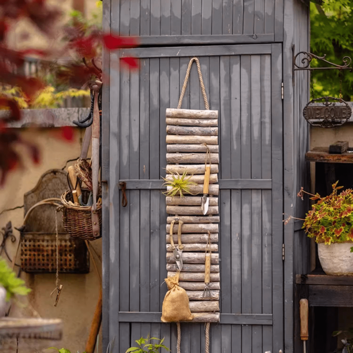Rustic Wooden Ladder Garden Tool Organizer