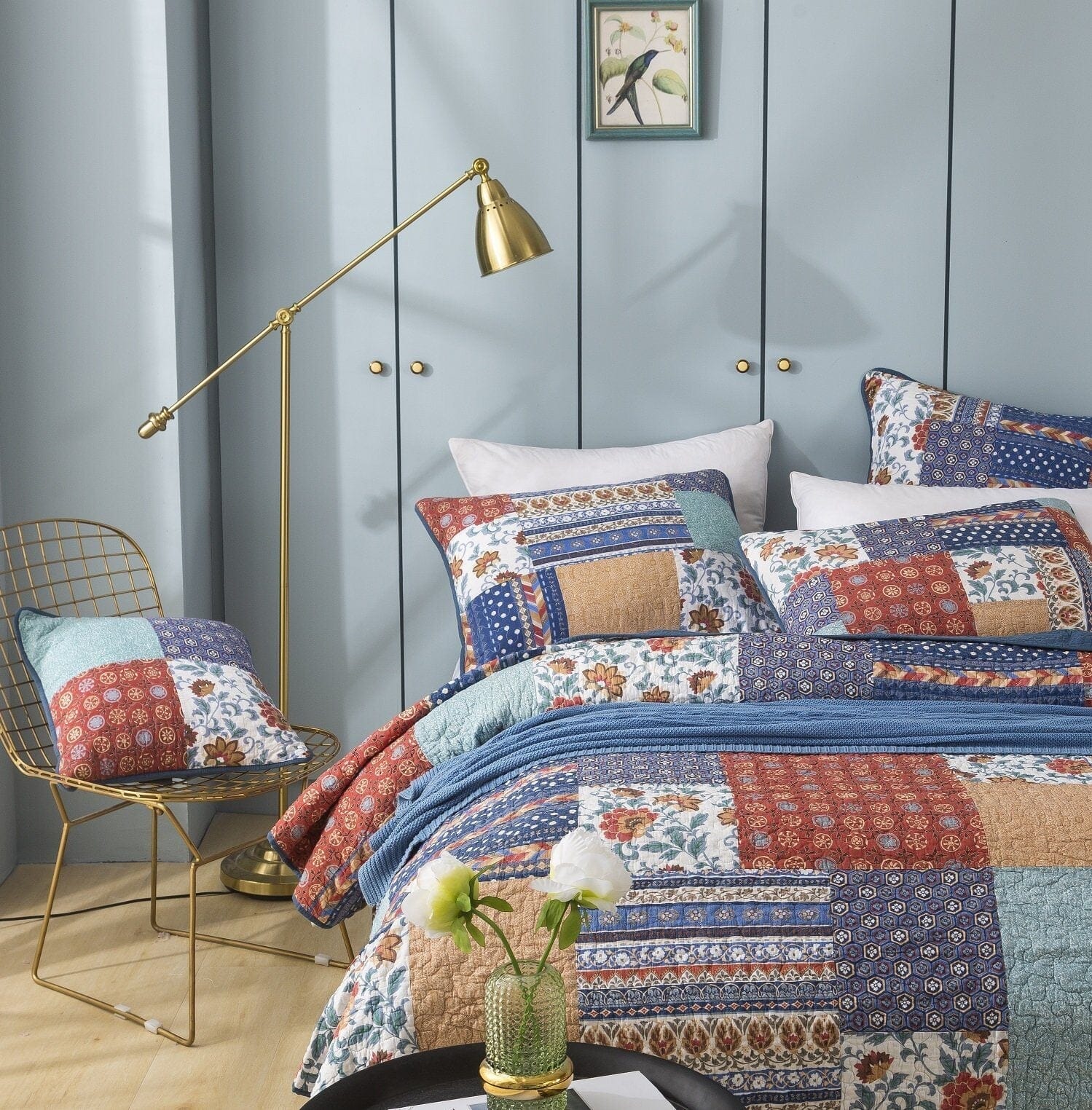 Boho Vibes Mediterranean Blue Patchwork Quilted Bedding