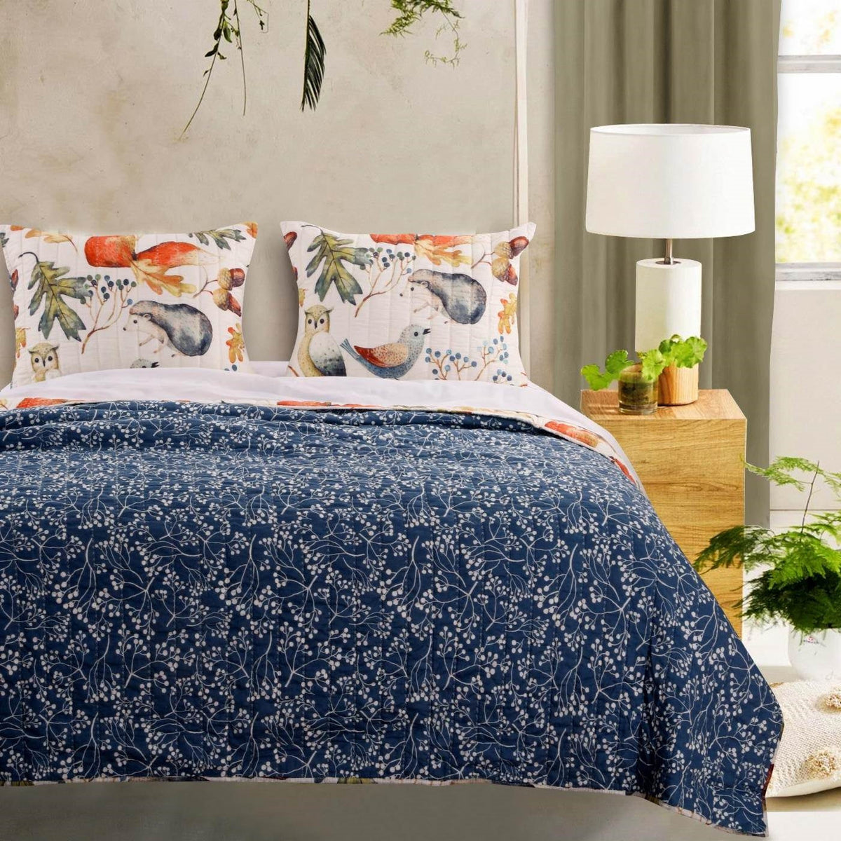 King Size 3 Piece Blue/Beige Birds Floral Reversible Quilt Set