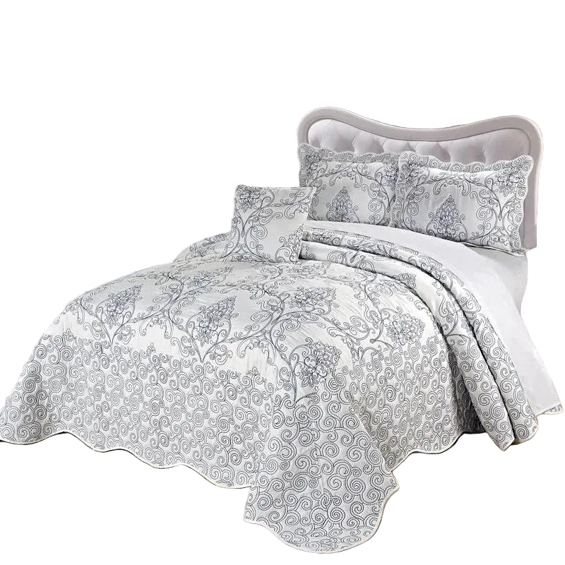 White Damask Embroidered 4 Piece Oversized Bedspread Set - King