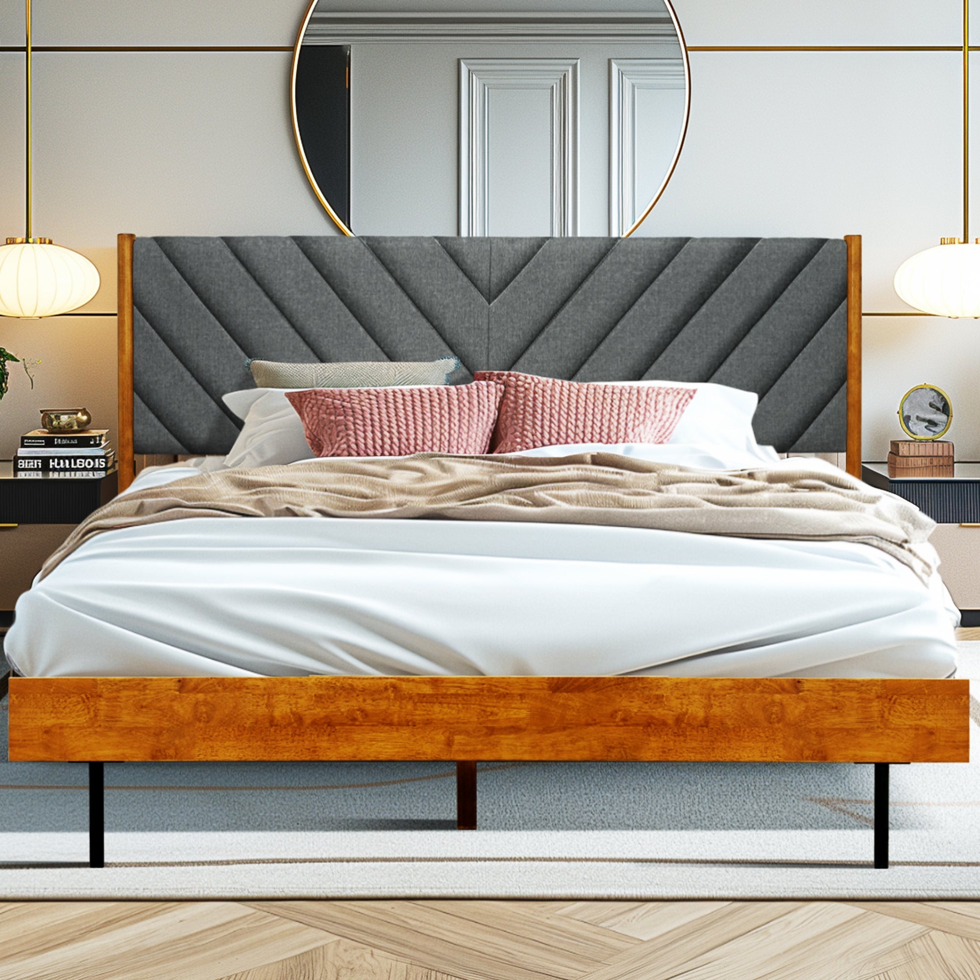 Acacia Astoria Upholstered Solid Wood Bed In Caramel or Walnut
