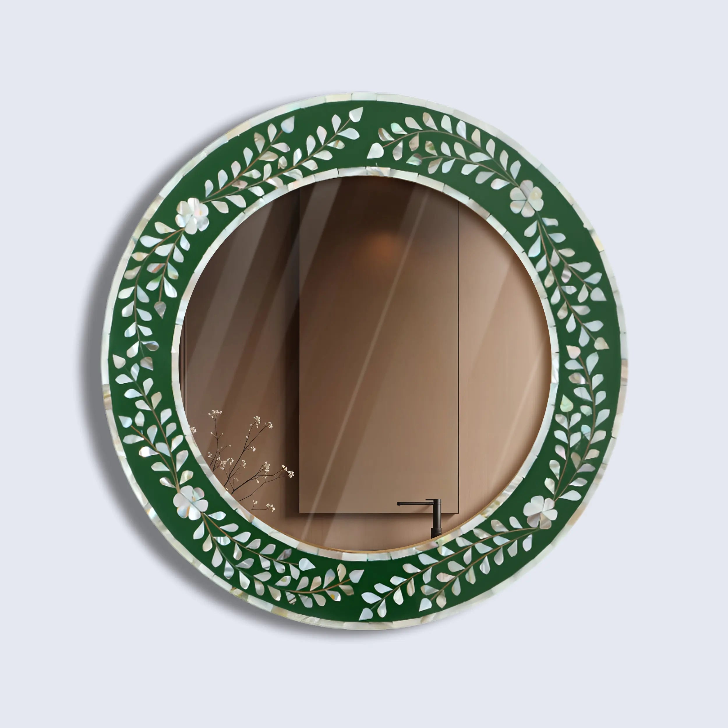 Handcrafted Round Mosaic Mother of Pearl Wall Mirror in Green