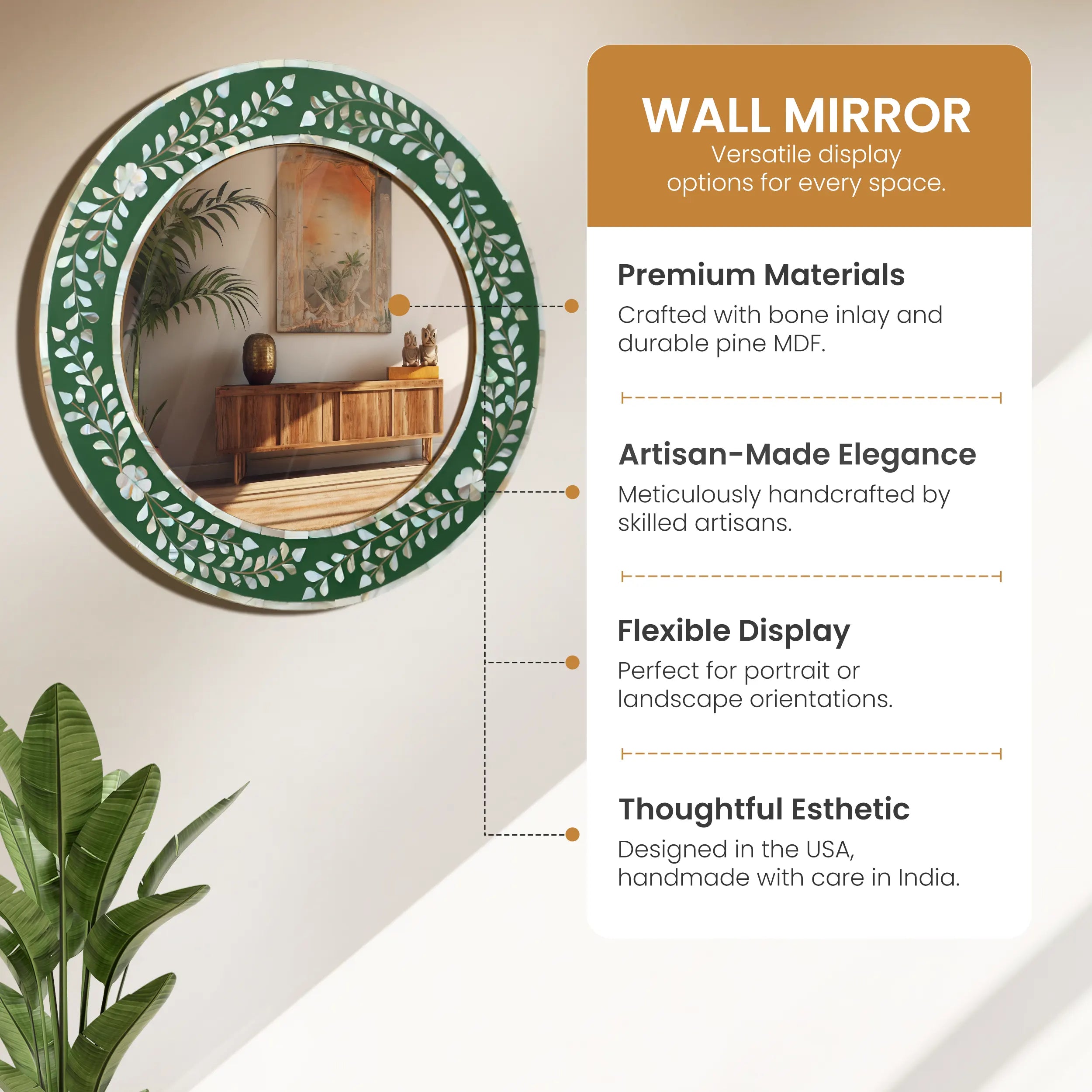 Handcrafted Round Mosaic Mother of Pearl Wall Mirror in Green