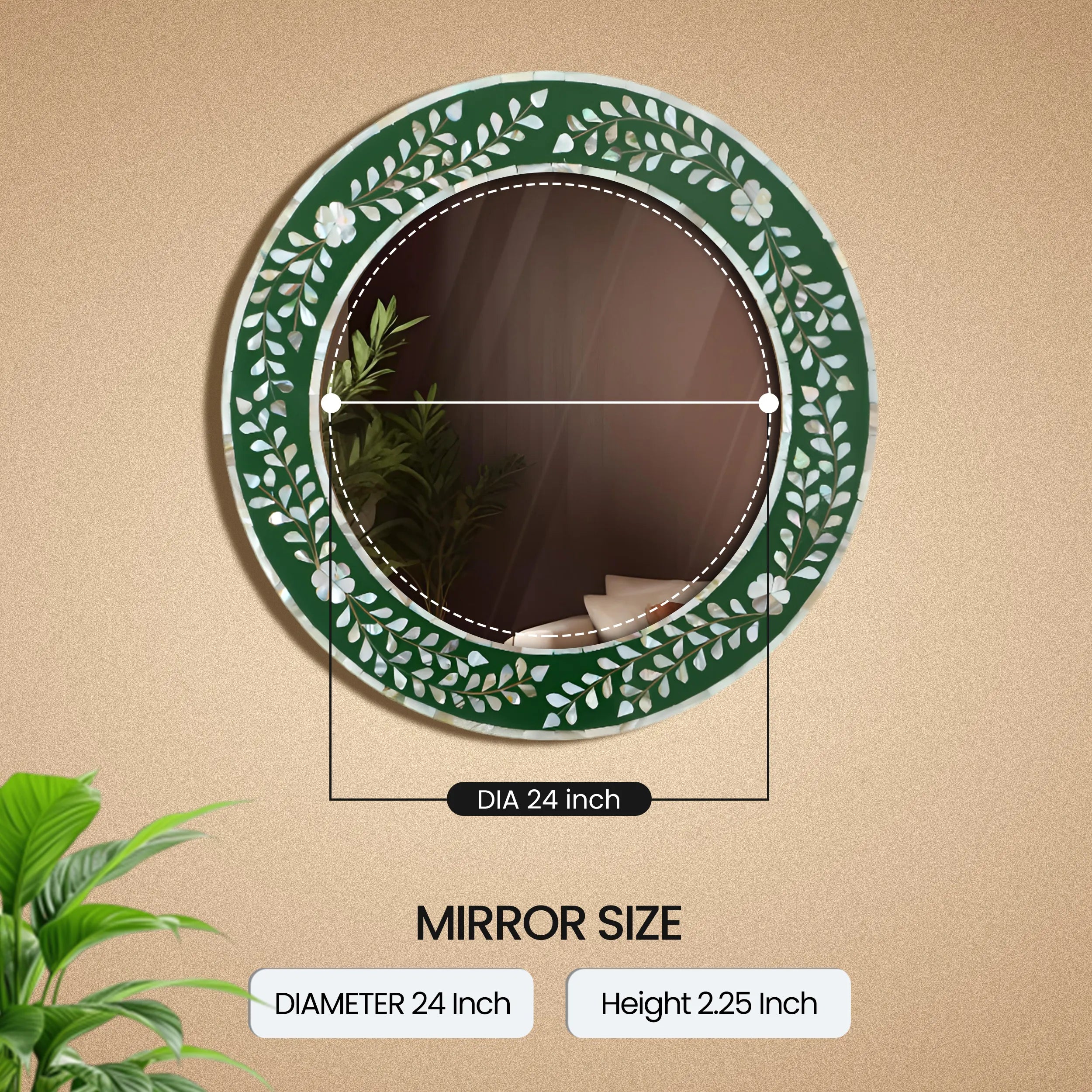 Handcrafted Round Mosaic Mother of Pearl Wall Mirror in Green
