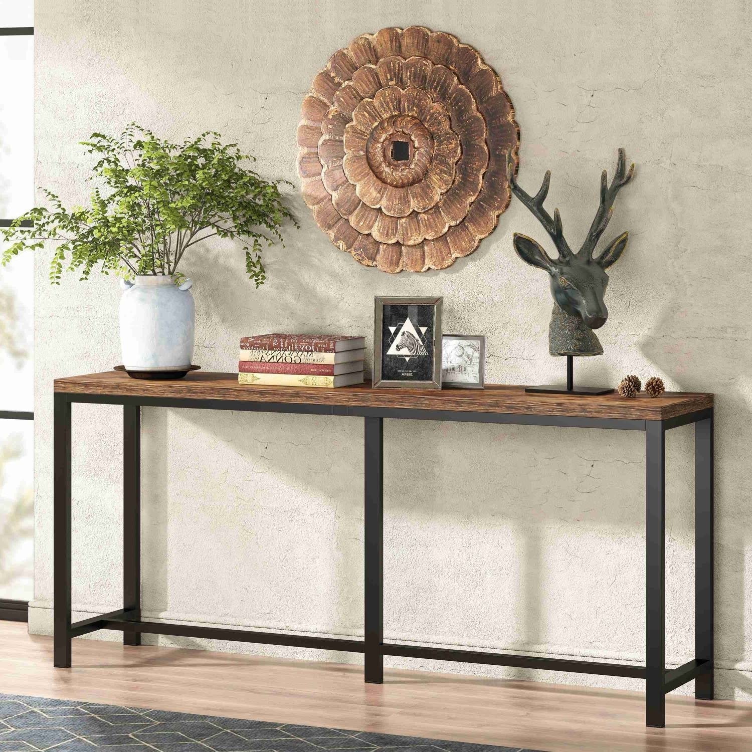 70-inch Space-Saving Console Table with Wood Top and Black Metal Frame