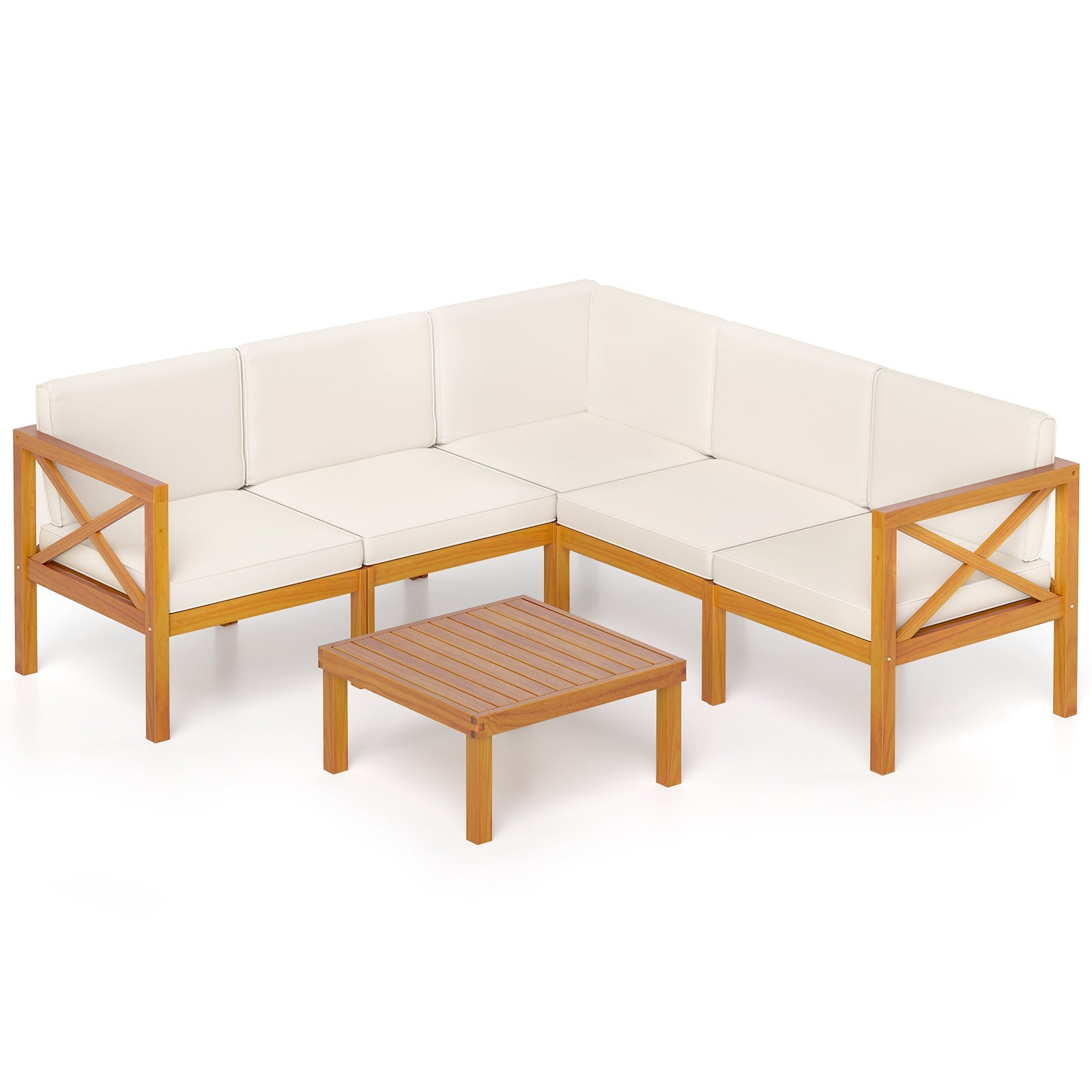Outdoor 6 Piece Acacia Wood Patio Sectional Furniture Set - Off White