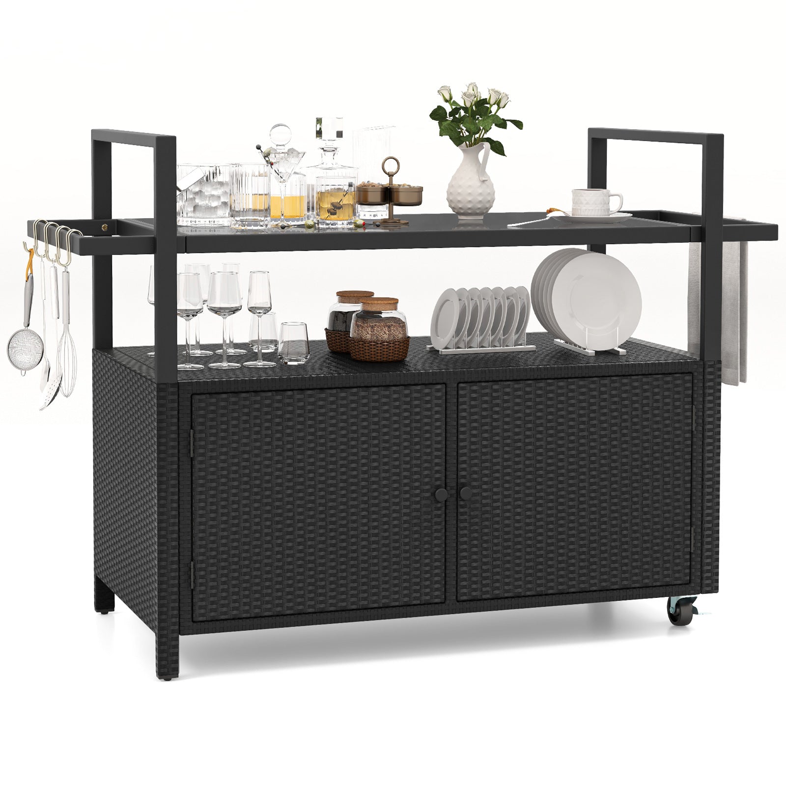 Outdoor Wicker Buffet Serving Cart with Cabinet and 8 Hooks - Black, Gray, or Brown
