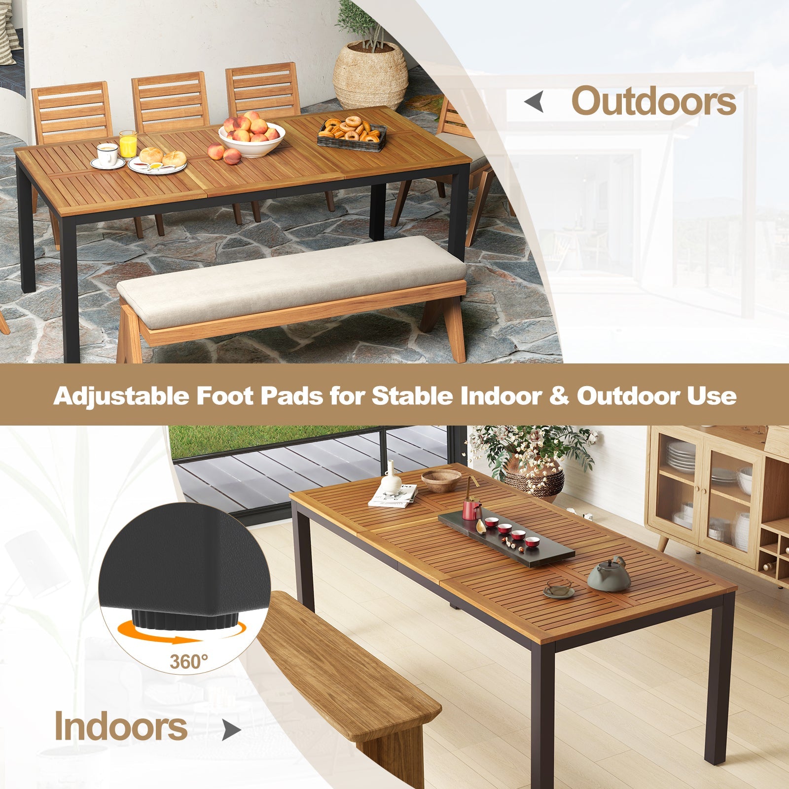 8-Person Outdoor Acacia Wood Dining Table with Umbrella Hole - 79"