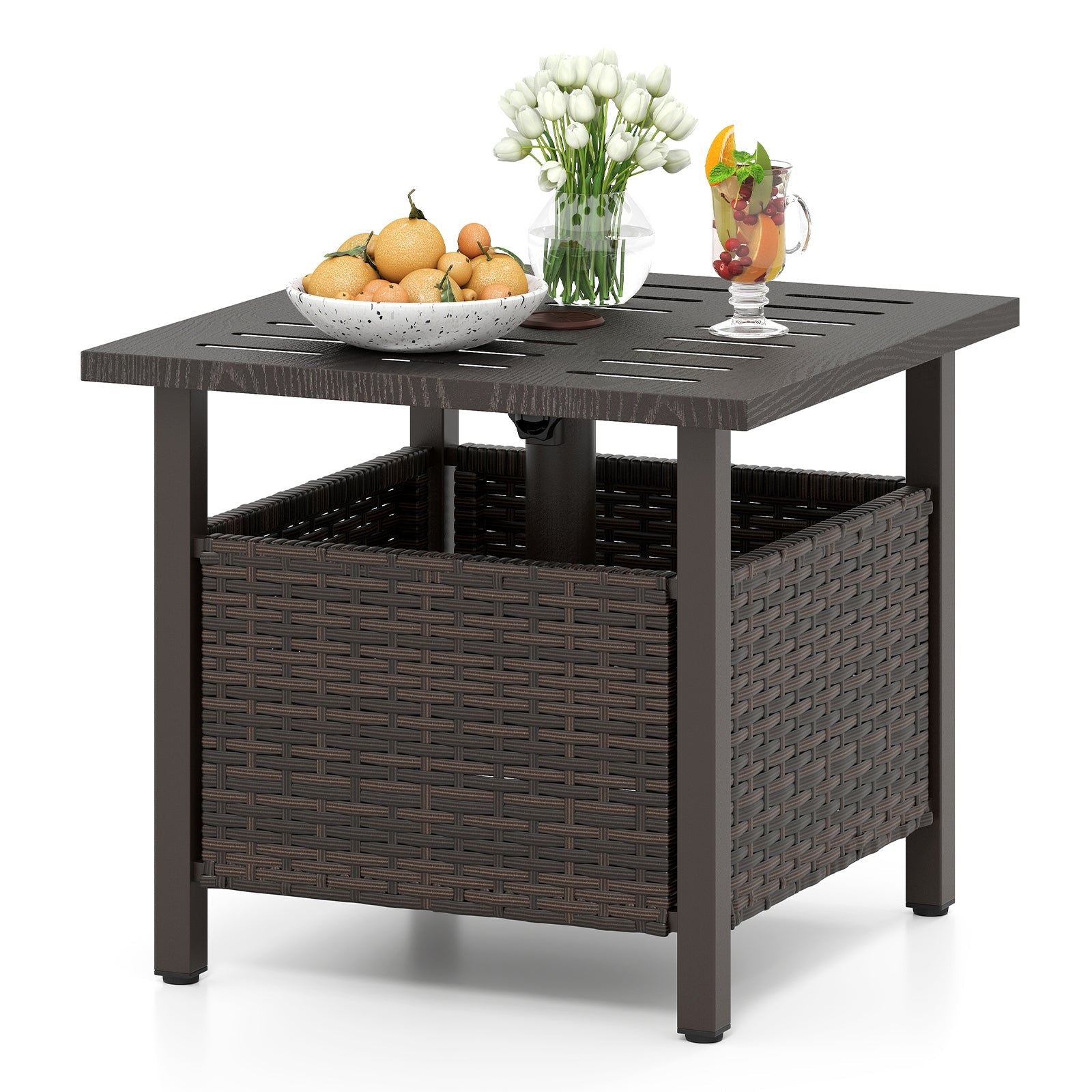 All-Weather PE Wicker Patio Table with Umbrella Hole