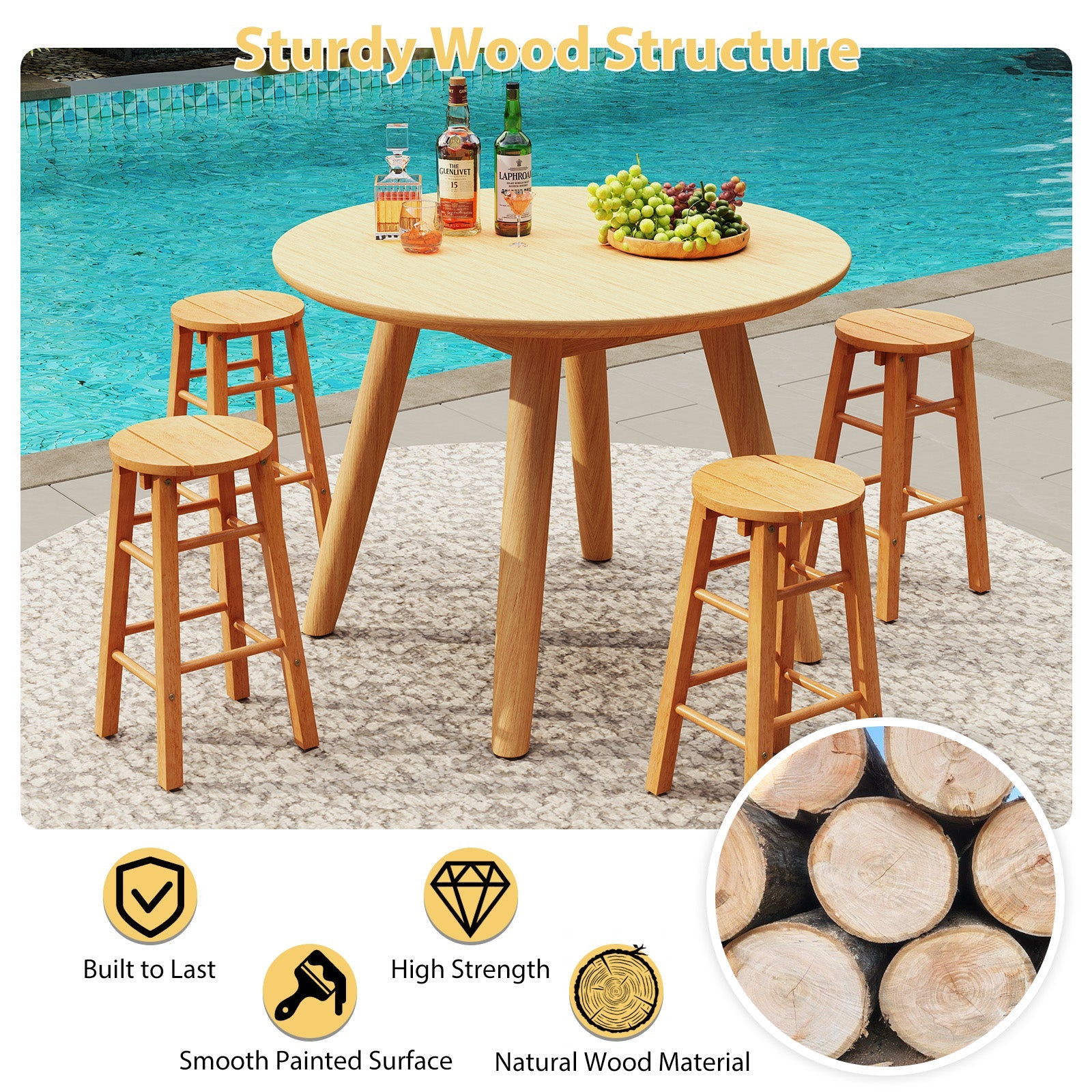 Indoor/Outdoor Wooden Bar Stools w/ Round Seat and Footrest - Set of 2